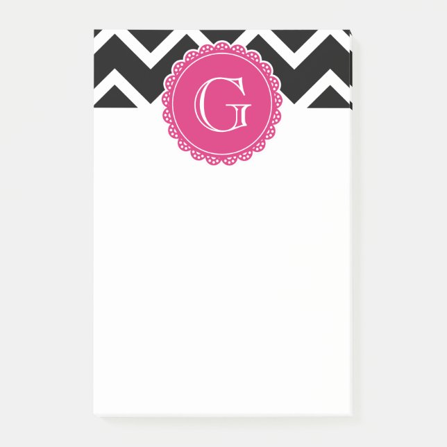 Post-it® Chaud rose Fleur Monogramme noir Chevron (Devant)