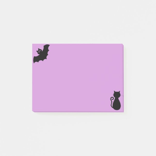 Post-it® chauve-souris d'Halloween et chat noir sur violet (Devant)