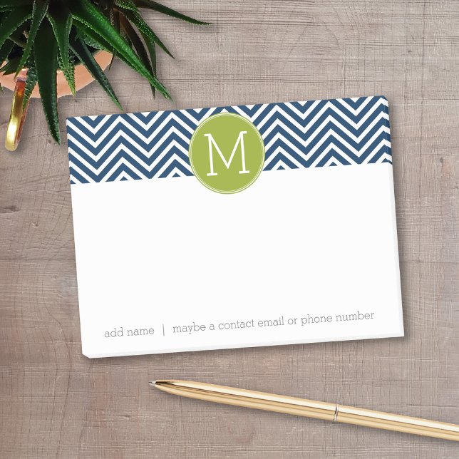 Post-it® Chevrons bleu marine et vert citron Monogramme per (Personalized post-it notes with a monogram and contact information - low quantity available)