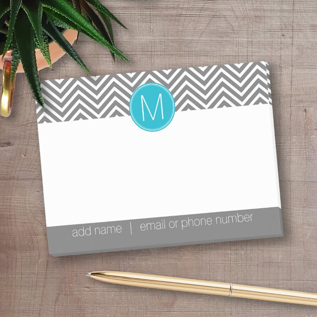 Post-it® Chevrons gris et bleu Aqua avec un monogramme (Personalized post-it notes - add your name and other text)