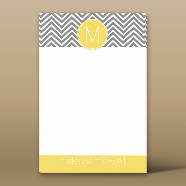 Post-it® Chevrons gris et jaune avec Monogramme personnalis (Custom Post-it Notepad)