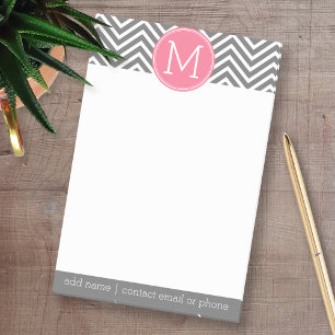 Post-it® Chevrons gris et rose avec Monogramme personnalisé