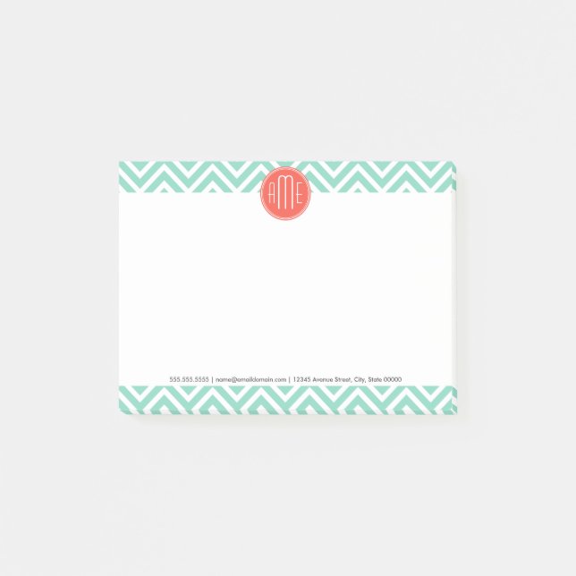 Post-it® Chic Aqua Green Chevron et Orange Custom Monogramm (Devant)