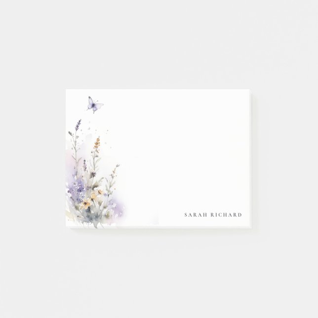 Post-it® Chic Lilac Purple Fleur sauvage Papillon Aquarelle (Devant)