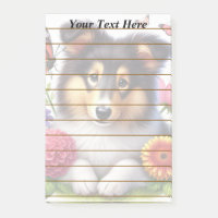 Chien-mouton Shetland avec fleurs et papillons