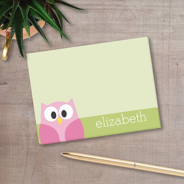 Post-it® Chouette caricaturale mignonne - rose et vert citr (A cute owl cartoon with a place to add your name.)