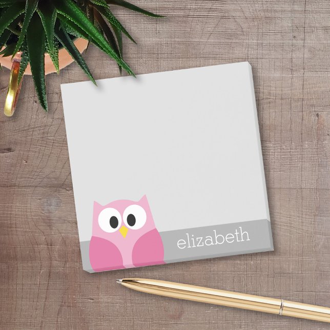 Post-it® Chouette de dessin mignonne - Nom personnalisé ros (Personalized Post It Notepads)