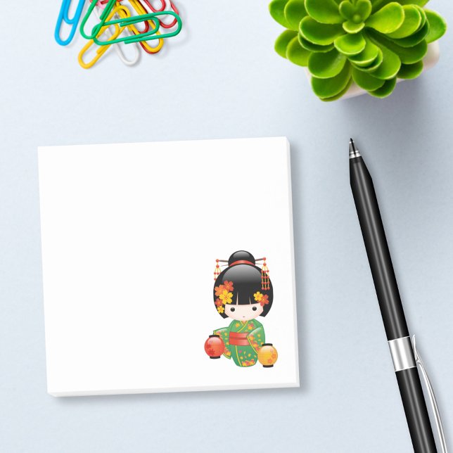 Post-it® Chute Poupée Kokeshi - Green Kimono Geisha Girl (Créateur téléchargé)