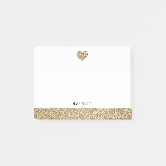 Post-it® Cœur et bordure à paillettes dorées sur fond blanc (Devant)