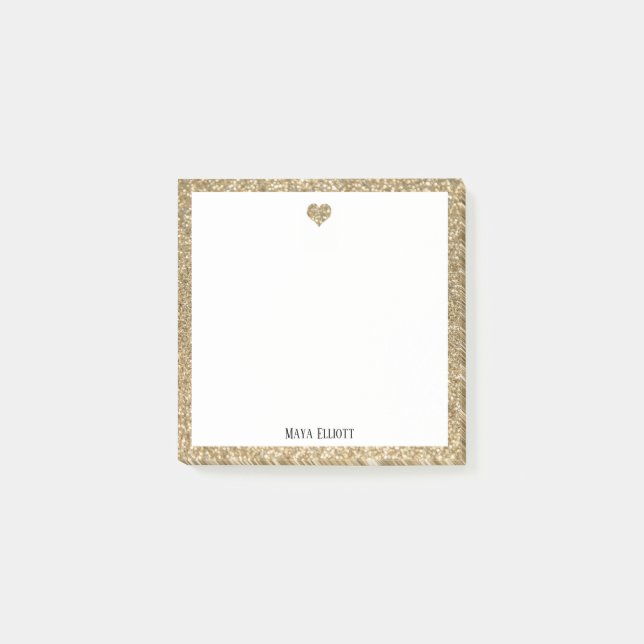 Post-it® Cœur et bordure en faux brillant doré avec nom et  (Devant)