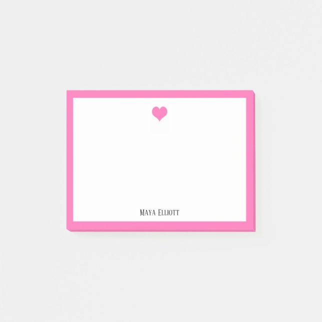 Post-it® Coeur rose vif et frontière sur blanc avec nom (Devant)