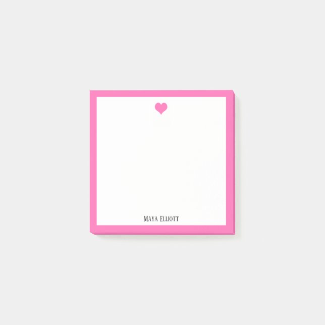 Post-it® Coeur rose vif et frontière sur blanc avec nom (Devant)