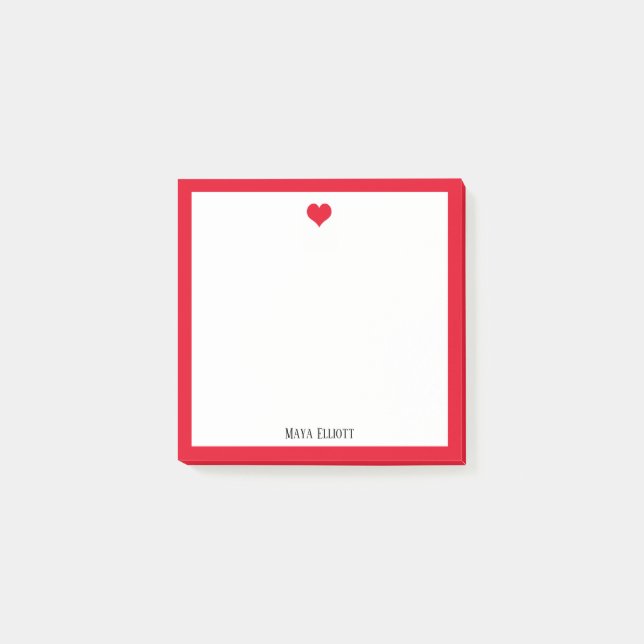 Post-it® Coeur rouge vif et frontière sur blanc avec nom (Devant)