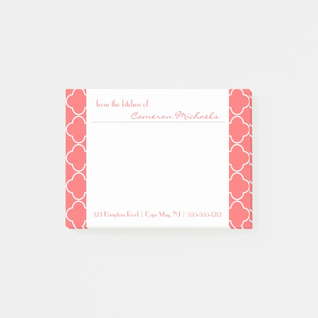 Post-it® Corail | Monogramme Motif Quatrefoil blanc (Devant)