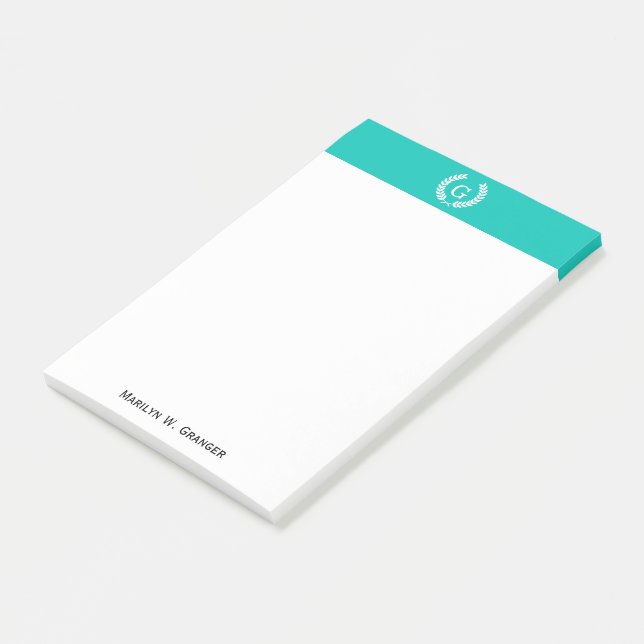 Post-it® Couronne de laurier en blé blanc sarcelle Monogram (Incliné)