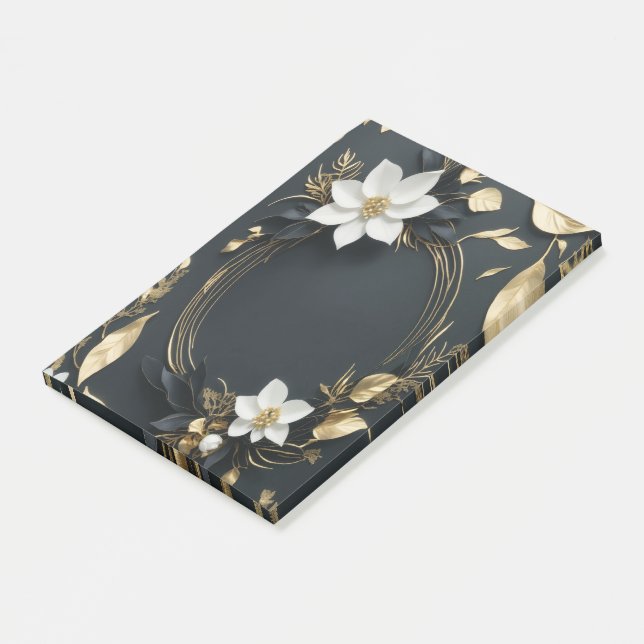 Post-it® Couronne florale élégante noire, blanche et dorée  (Incliné)