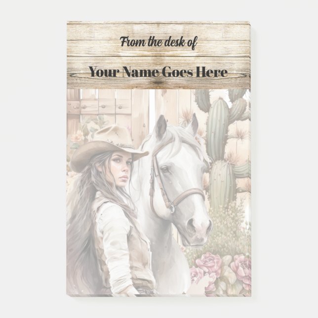 Post-it® Cowgirl avec cheval aquarelle cactus floral (Devant)