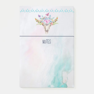 Post-it® Crâne animal Boho avec papillons et fleurs