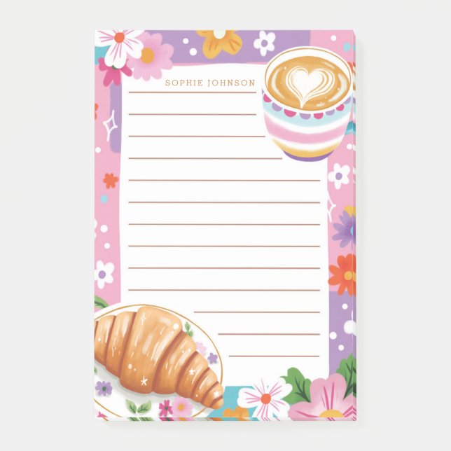 Post-it® Croissant Café Mignon Fleurs Violettes Floral Fémi (Devant)