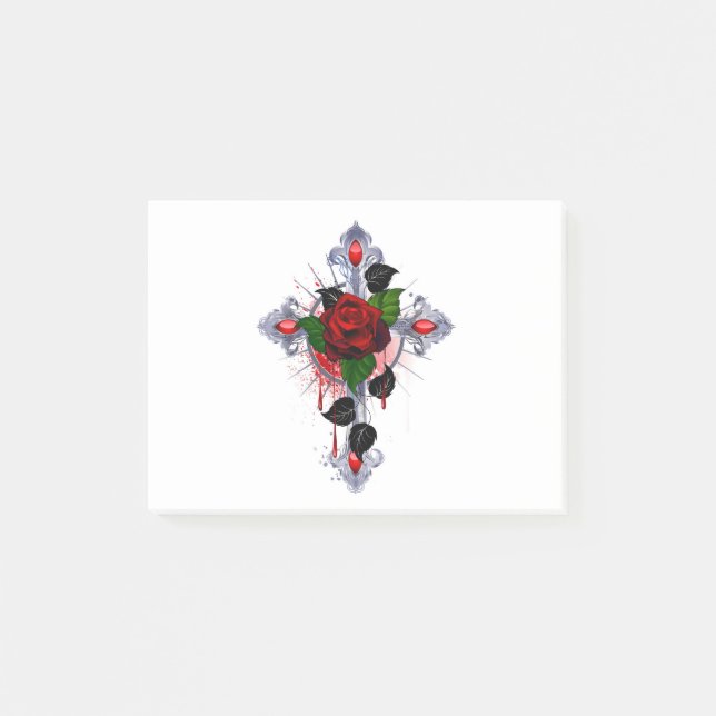 Post-it® Croix d'argent avec une rose rouge (Devant)
