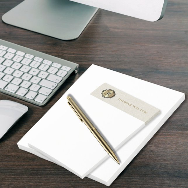 Post-it® Cuir Blanc Crème au Monogramme Doré Élégant (Créateur téléchargé)