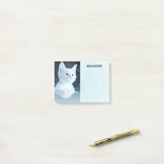 Post-it® Cuite Kitten blanc avec de beaux yeux bleus (Sur un bureau)