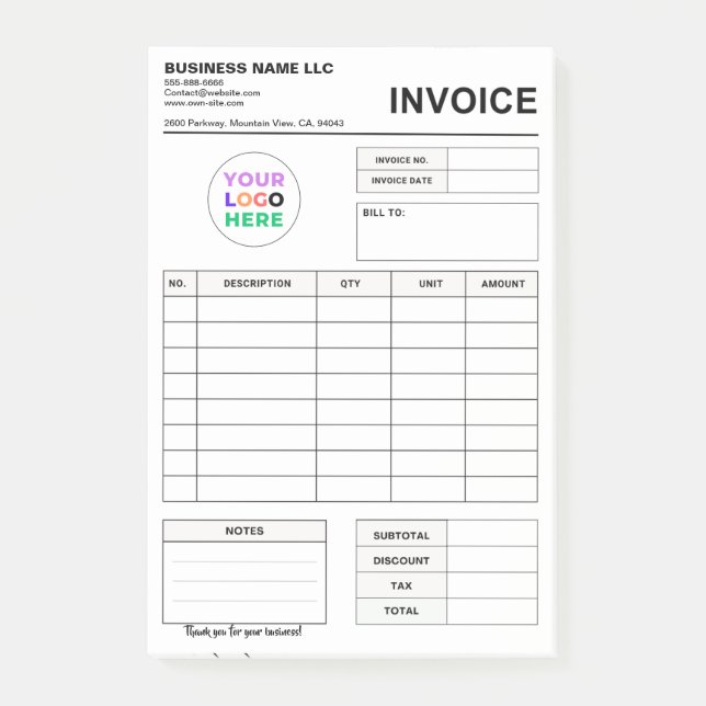 Post-it® Custom Logo Invoice Order Forms | Business Pad (Devant)