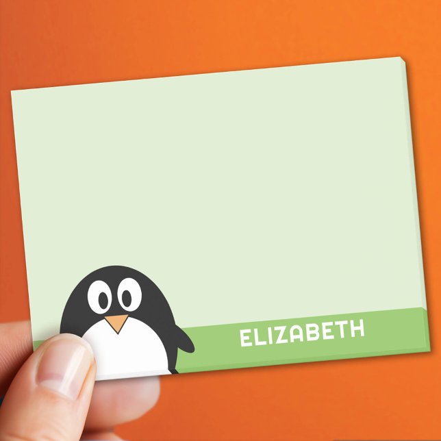 Post-it® Cute Cartoon Penguin - Custom Name Green (Custom Post It Note Pad)