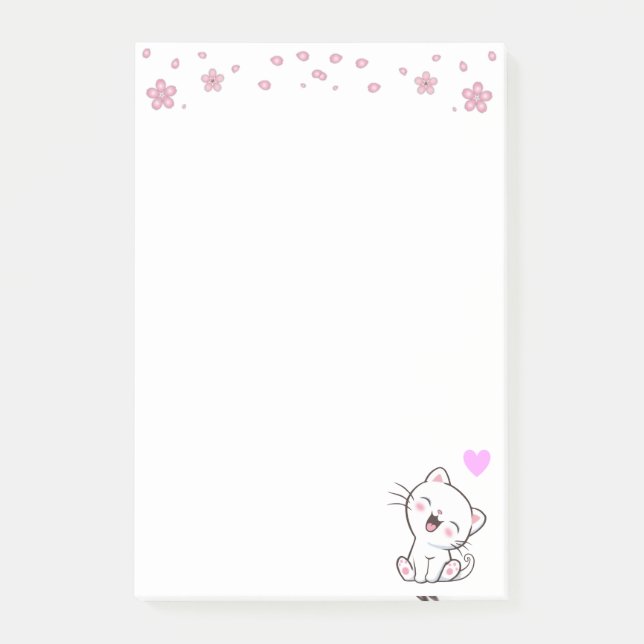 Post-it® Cute Chat et Fleurs sur Blanc (Devant)