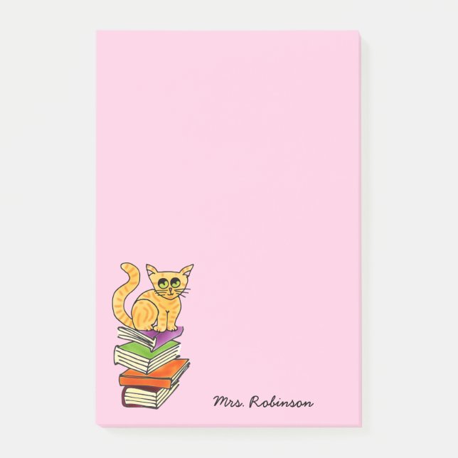 Post-it® Cute Chat sur la pile de livres Nom de l'enseignan (Devant)
