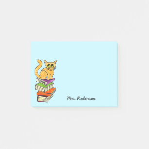 Post-it® Cute Chat sur Pile de Livre Nom de l'enseignant Aq