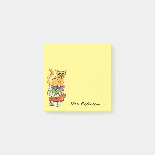 Post-it® Cute Chat sur Pile de Livre Nom de l'enseignant Ja (Devant)