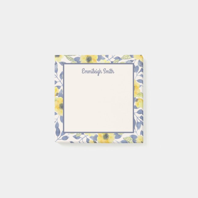 Post-it® Cute Girly Dusty Blue Jaune Fleurs crème (Devant)