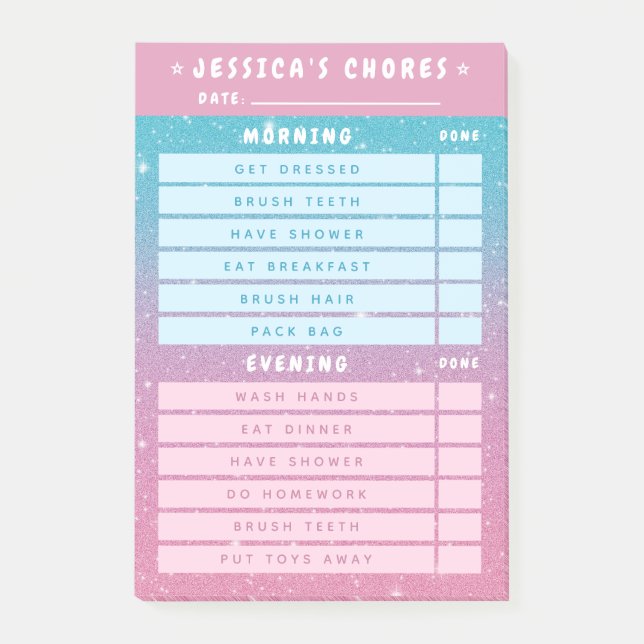 Post-it® Cute Girly Pink Blue Glitter Kids Daily Chores 4x6 (Devant)