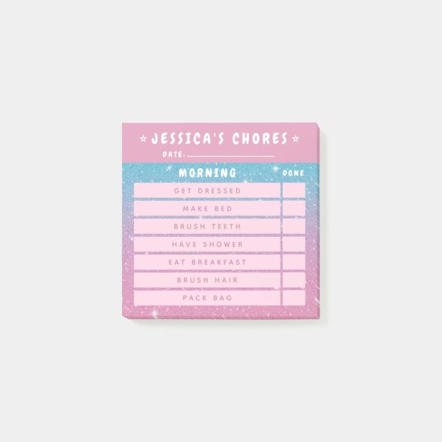 Post-it® Cute Girly Pink Glitter Kids Morning Chores 3x3 (Devant)