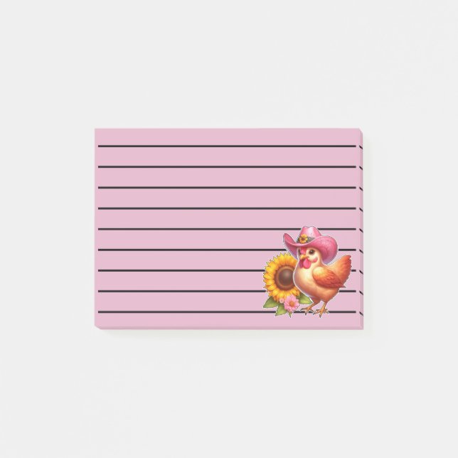 Post-it® Cute Hen en Casquette rose avec Tournesol brillant (Devant)