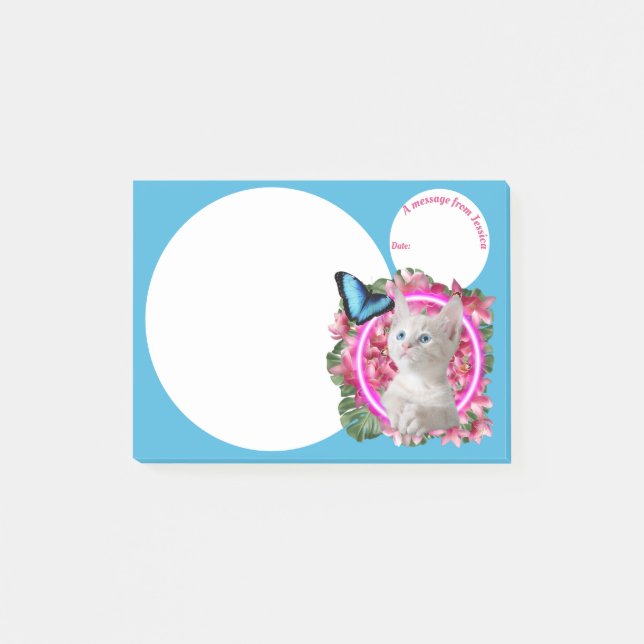 Post-it® Cute Kitten avec papillon bleu sur néon tropical P (Devant)