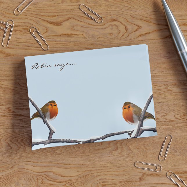 Post-it® Cute Robin Oiseau Personnalisé Winter Blue (Two Christmas Robins sat on a snowy branch chatting about how much they'd like to come home with you)
