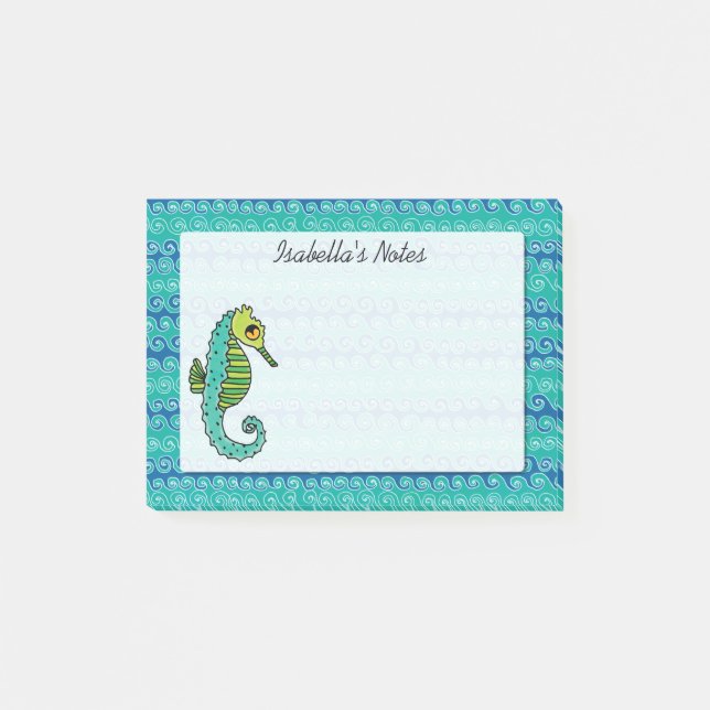 Post-it® Cute Seahorse bleu et vert Nom personnalisé (Devant)