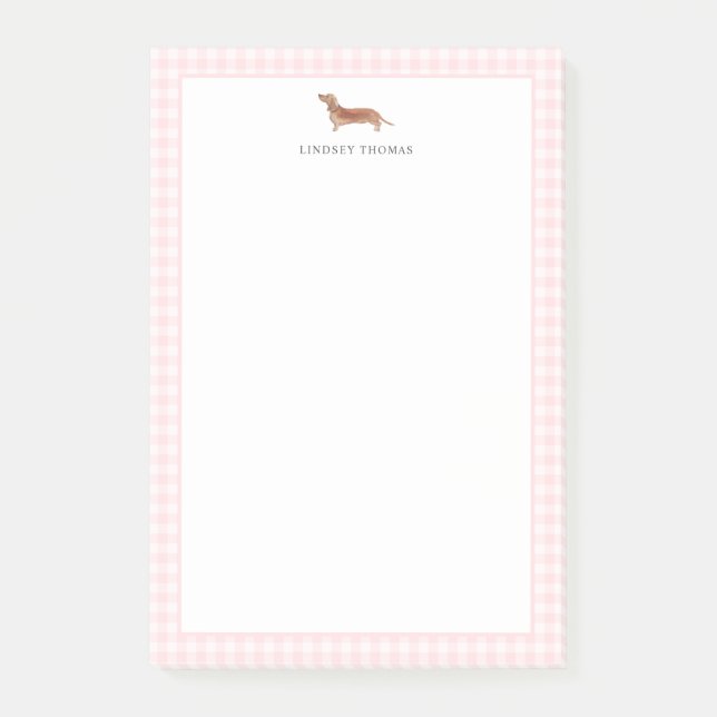 Post-it® Dachshund Brun Gingham Rose Bordure Personnalisée (Devant)