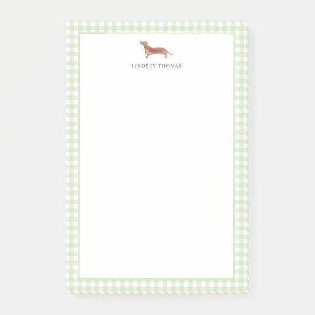 Post-it® Dachshund Brun Gingham Vert Bordure Personnalisée (Devant)