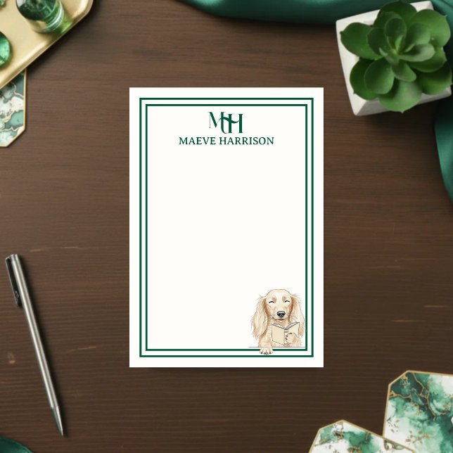 Post-it® Dachshund lisant avec monogramme dessiné à la main (Gift custom stationery to the dog lover in your life! )