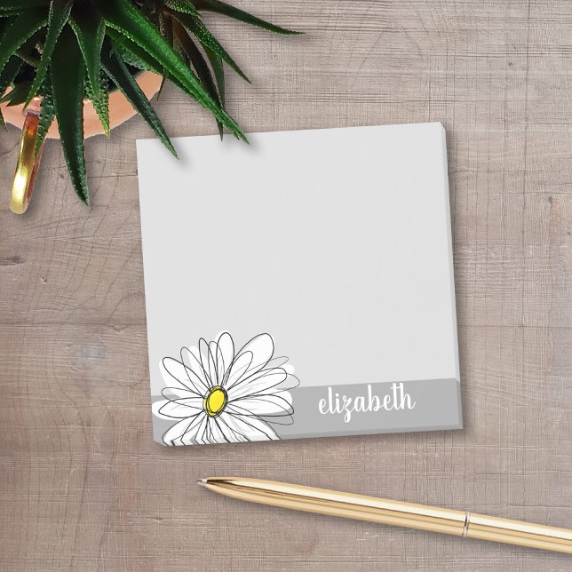 Post-it® Daisy tendance avec gris et jaune (Add your name to these personalized post-it notes with a whimsical daisy drawing.)