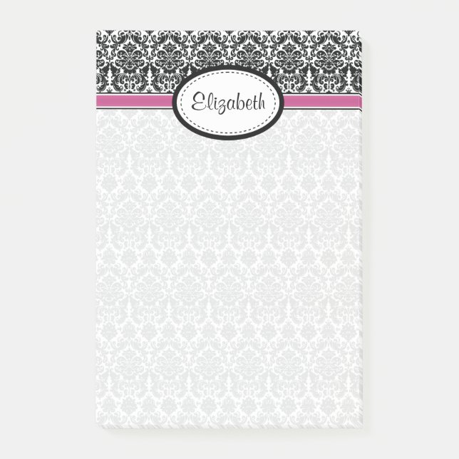 Post-it® Damask Floral Black White Pink Nom personnalisé