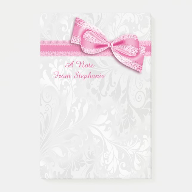 Post-it® Damassé blanc et nœud faux rose (Devant)
