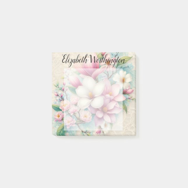 Post-it® Dentelle monogramme florale rose fleur de magnolia (Devant)