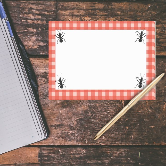 Post-it® Déplaisant Crawching Noir Ant Plaid Nappe (Black Ants with red white checker picnic tablecloth plaid on white post it notes.)
