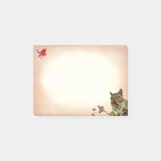 Post-it® Écureuil sauvage mignon et petit oiseau sur beige (Devant)