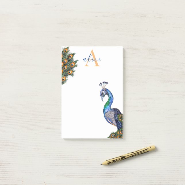 Post-it® Élégant aquarelle Peacock Monogramme (Sur un bureau)