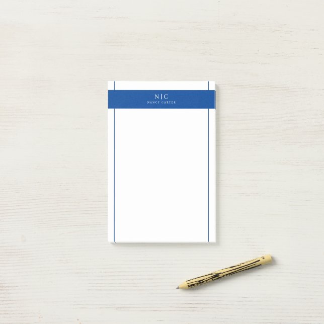 Post-it® Elégant Chic Monogramme Marine Bleu Frontière géom (Sur un bureau)